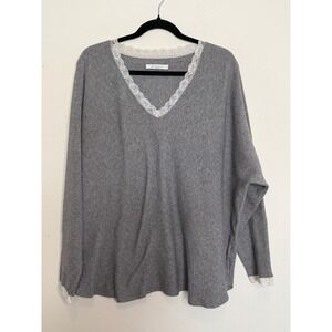 Sioni Milano Grey Lace Trim V-Neck Sweater Dolman Sleeve Knit Top Women